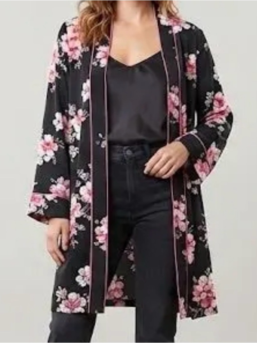 Floral Satin-Trim Kimono Robe - Black with Pink Floral